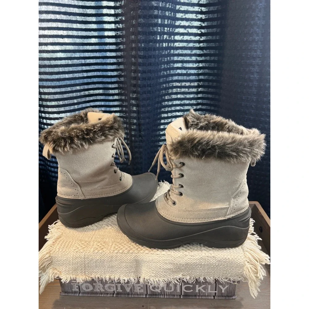 Northeast Outfitters snow Winter Boots Ivory Leather Faux Fur‎ Th insulate 7